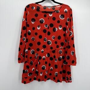 Chalet Et Ceci Shirt Womens Large Red Orange Polka Dot Crinkle Tunic Top Art USA
